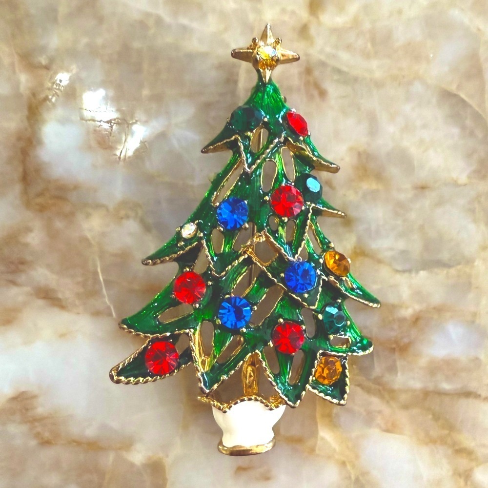 Vintage Green and Red Christmas Tree Brooch